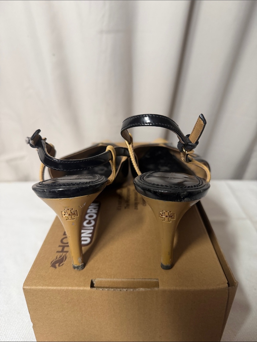 Tory Burch Black and Tan Patent Slingback Heels